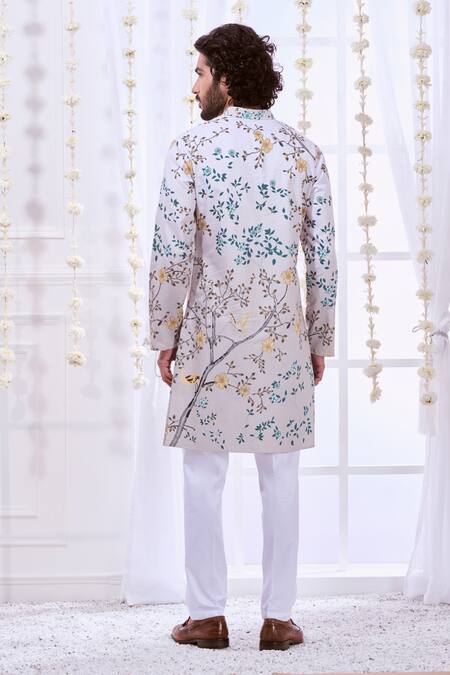 Shop_Taroob_Gray Silk Printed Bird Floral Kurta Set _at_Aza_Fashions