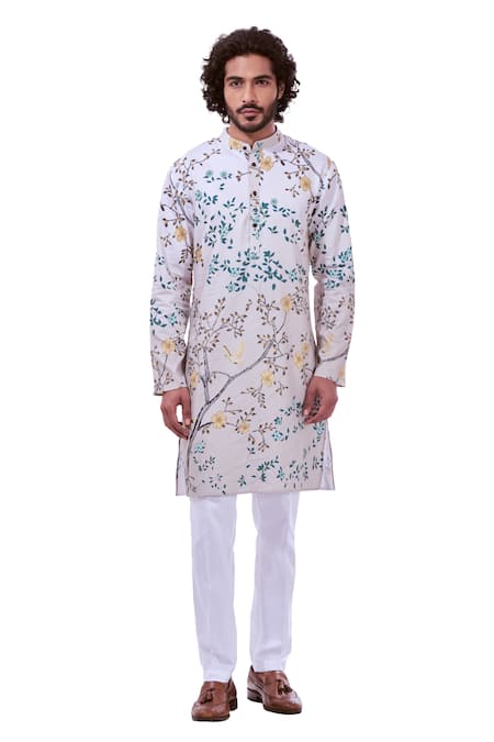 Taroob_Gray Silk Printed Bird Floral Kurta Set _Online_at_Aza_Fashions