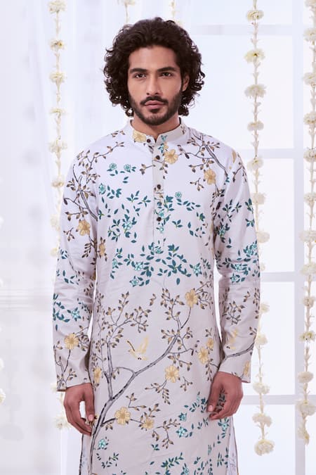 Taroob_Gray Silk Printed Bird Floral Kurta Set _at_Aza_Fashions
