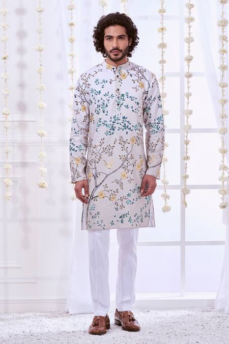 Buy_Taroob_Gray Silk Printed Bird Floral Kurta Set 