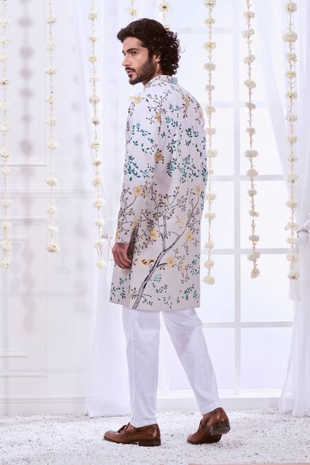 Shop_Taroob_Gray Silk Printed Bird Floral Kurta Set 