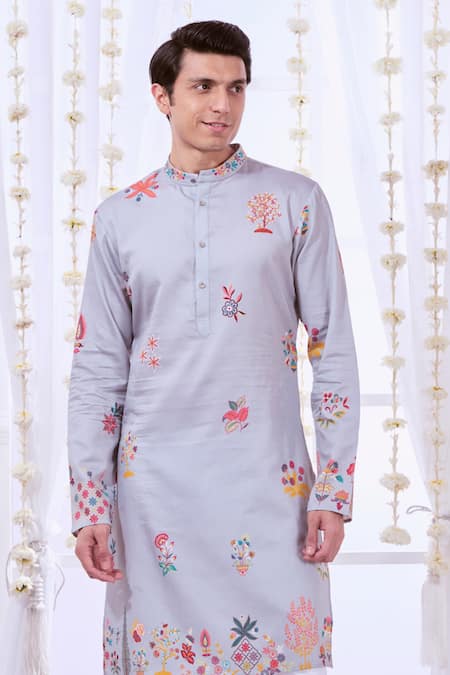 Taroob_Grey Silk, Cotton Embroidery Nizam Kalamkari Print Kurta Set _Online_at_Aza_Fashions