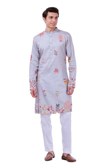 Buy_Taroob_Grey Silk, Cotton Embroidery Nizam Kalamkari Print Kurta Set _Online_at_Aza_Fashions