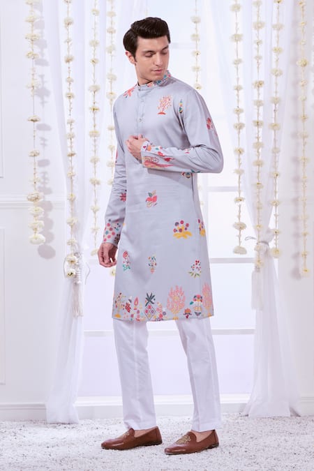 Shop_Taroob_Grey Silk, Cotton Embroidery Nizam Kalamkari Print Kurta Set _Online_at_Aza_Fashions