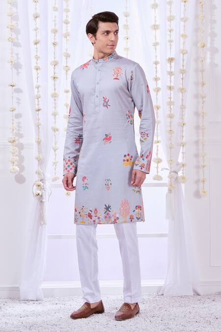Taroob_Grey Silk, Cotton Embroidery Nizam Kalamkari Print Kurta Set _at_Aza_Fashions