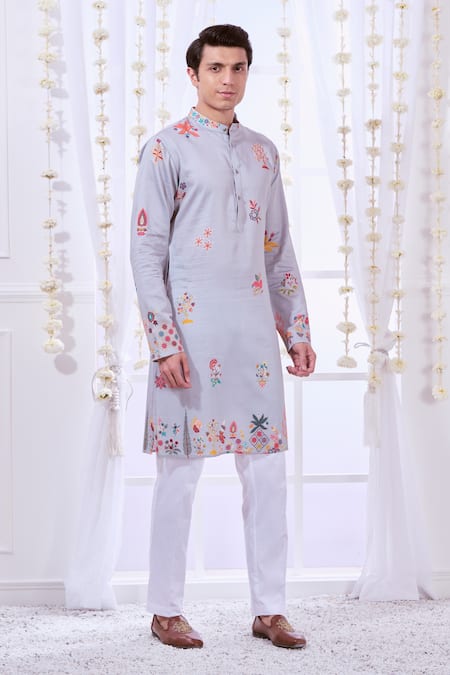Buy_Taroob_Grey Silk, Cotton Embroidery Nizam Kalamkari Print Kurta Set 