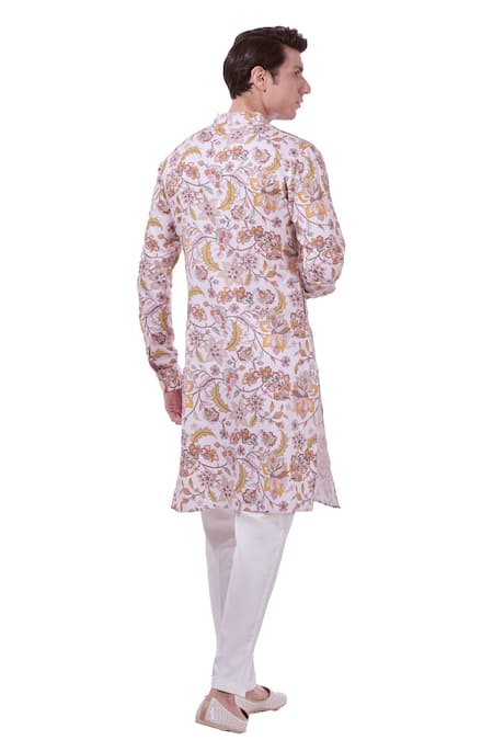 Taroob_White Silk, Cotton Embroidery Floral Print Kurta Set _Online_at_Aza_Fashions