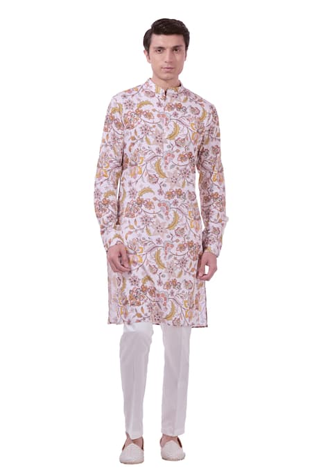 Buy_Taroob_White Silk, Cotton Embroidery Floral Print Kurta Set _Online_at_Aza_Fashions