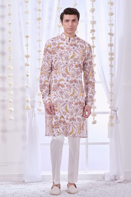 Taroob_White Silk, Cotton Embroidery Floral Print Kurta Set _at_Aza_Fashions