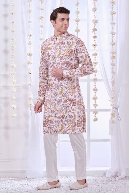 Buy_Taroob_White Silk, Cotton Embroidery Floral Print Kurta Set 