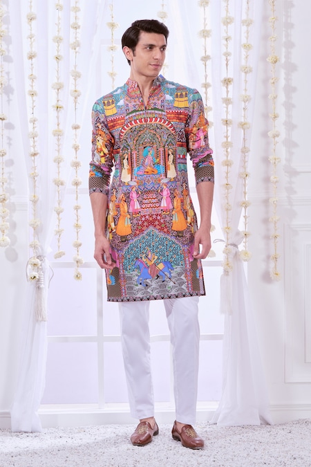 Taroob Multi Color Silk, Cotton Embroidery Royal Raj-darbar Print Kurta Set 