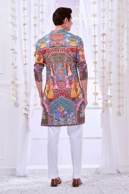 Shop_Taroob_Multi Color Silk, Cotton Embroidery Royal Raj-darbar Print Kurta Set _at_Aza_Fashions