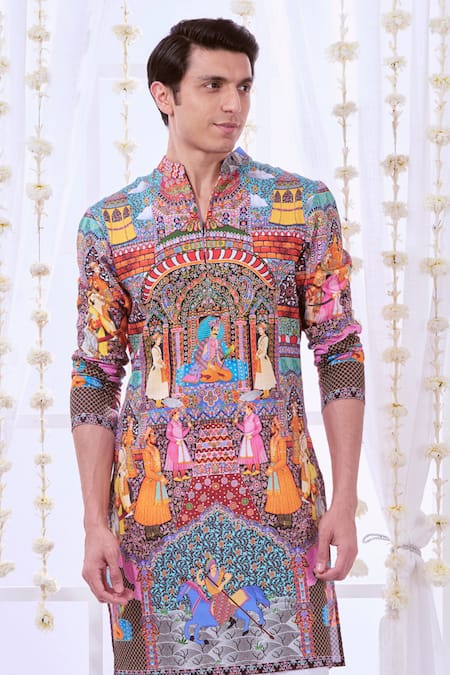 Taroob_Multi Color Silk, Cotton Embroidery Royal Raj-darbar Print Kurta Set _Online_at_Aza_Fashions