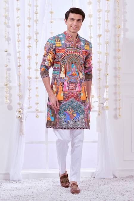 Buy_Taroob_Multi Color Silk, Cotton Embroidery Royal Raj-darbar Print Kurta Set _Online_at_Aza_Fashions
