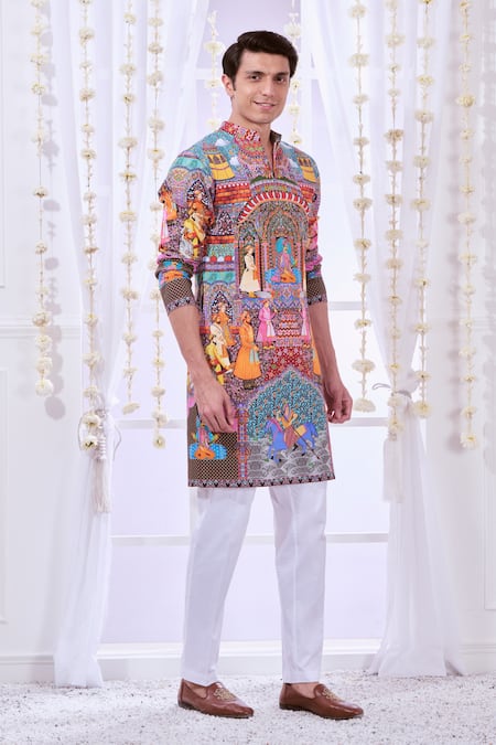 Shop_Taroob_Multi Color Silk, Cotton Embroidery Royal Raj-darbar Print Kurta Set _Online_at_Aza_Fashions