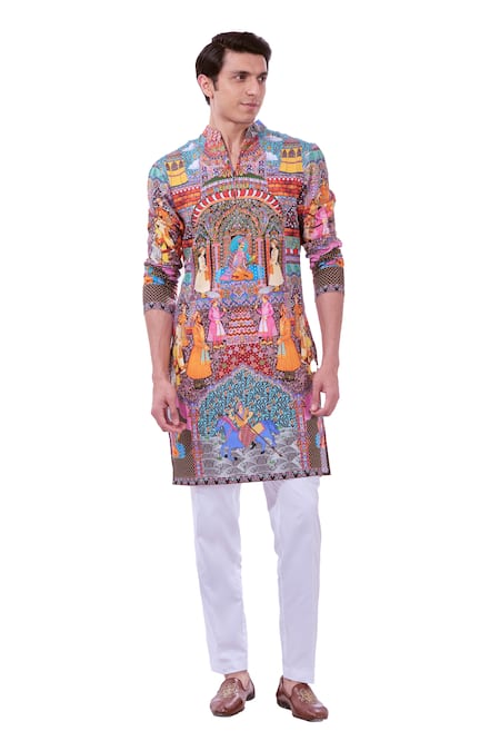 Taroob_Multi Color Silk, Cotton Embroidery Royal Raj-darbar Print Kurta Set _at_Aza_Fashions