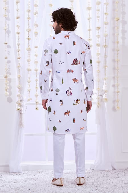 Shop_Taroob_White Silk Printed Raj Darbar Kurta Set  _at_Aza_Fashions