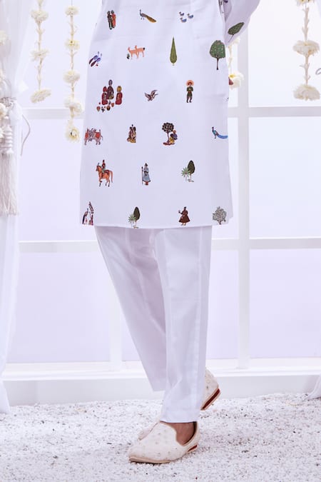 Shop_Taroob_White Silk Printed Raj Darbar Kurta Set  _Online_at_Aza_Fashions