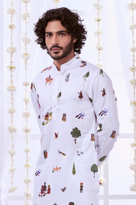 Taroob_White Silk Printed Raj Darbar Kurta Set  _at_Aza_Fashions