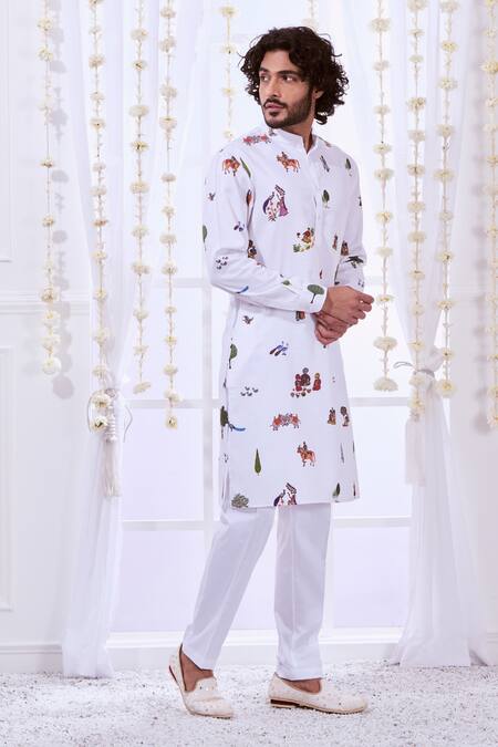 Shop_Taroob_White Silk Printed Raj Darbar Kurta Set  