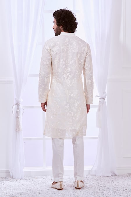 Shop_Taroob_Off White Silk Embroidered Floral Safari Chikankari Kurta Set _at_Aza_Fashions