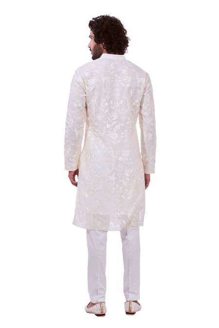 Taroob_Off White Silk Embroidered Floral Safari Chikankari Kurta Set _Online_at_Aza_Fashions
