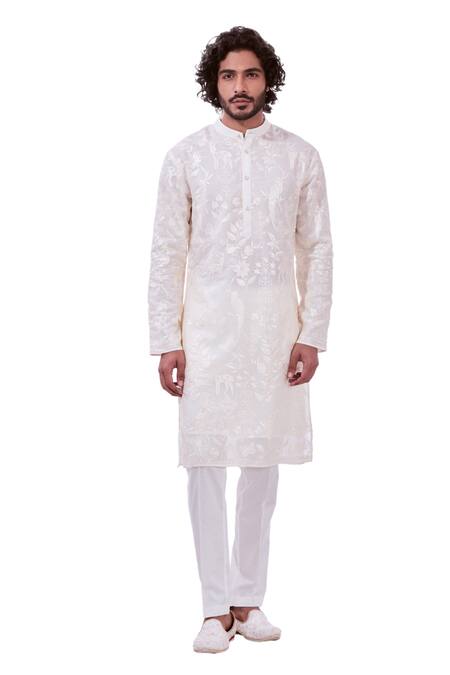 Buy_Taroob_Off White Silk Embroidered Floral Safari Chikankari Kurta Set _Online_at_Aza_Fashions