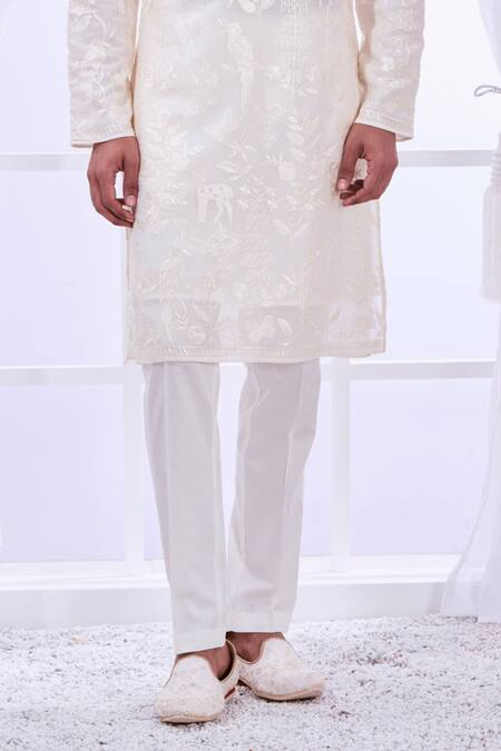Shop_Taroob_Off White Silk Embroidered Floral Safari Chikankari Kurta Set _Online_at_Aza_Fashions