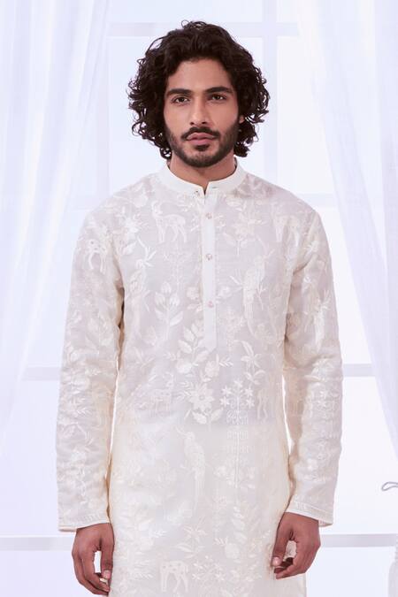 Taroob_Off White Silk Embroidered Floral Safari Chikankari Kurta Set _at_Aza_Fashions