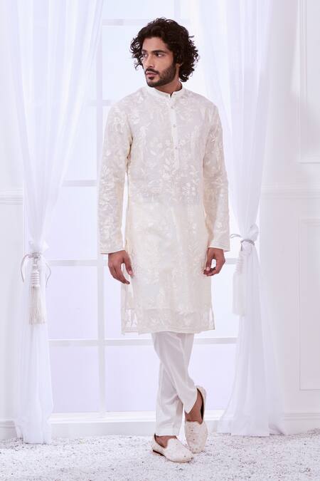 Buy_Taroob_Off White Silk Embroidered Floral Safari Chikankari Kurta Set 