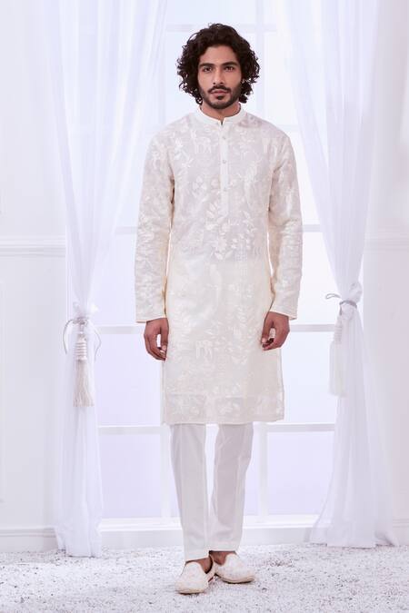 Shop_Taroob_Off White Silk Embroidered Floral Safari Chikankari Kurta Set 