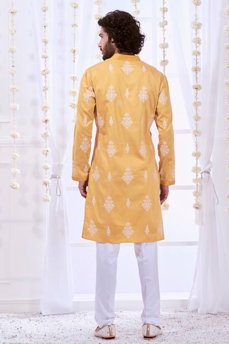 Shop_Taroob_Yellow Silk, Cotton Embroidery Timeless Kurta Set _at_Aza_Fashions