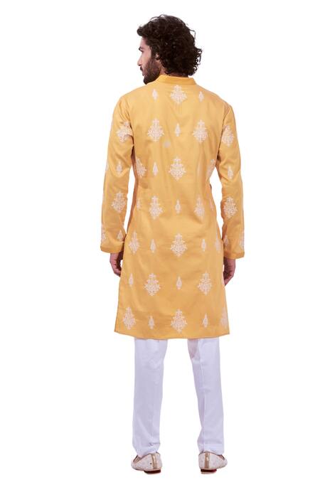Taroob_Yellow Silk, Cotton Embroidery Timeless Kurta Set _Online_at_Aza_Fashions