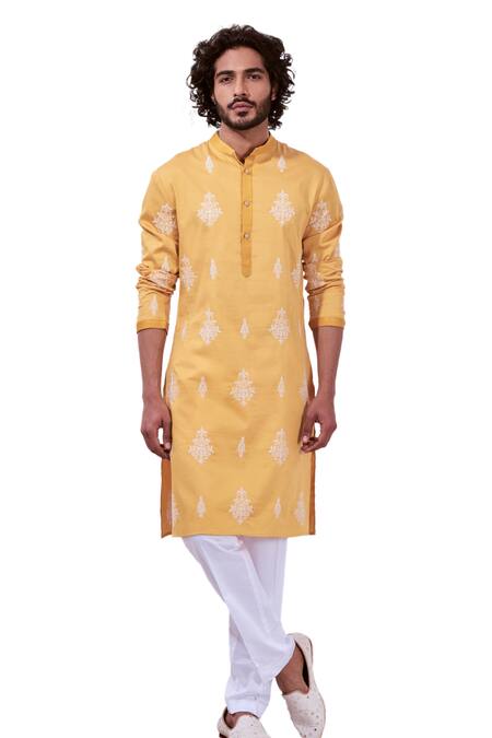 Buy_Taroob_Yellow Silk, Cotton Embroidery Timeless Kurta Set _Online_at_Aza_Fashions