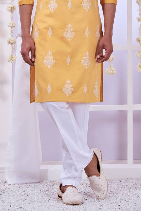 Shop_Taroob_Yellow Silk, Cotton Embroidery Timeless Kurta Set _Online_at_Aza_Fashions