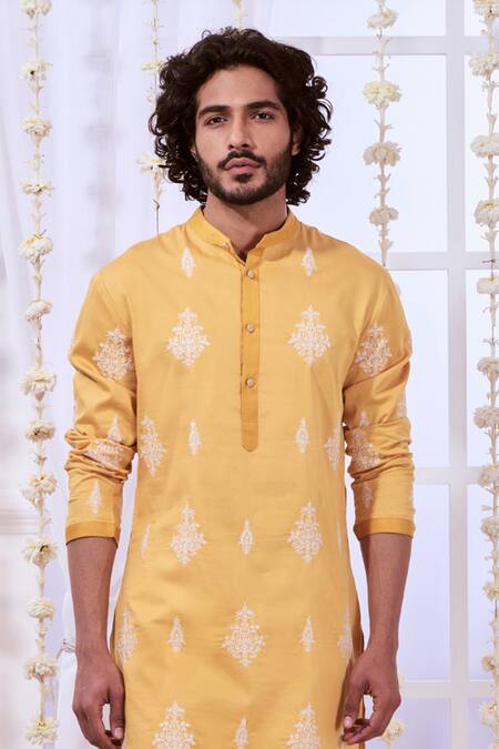 Taroob_Yellow Silk, Cotton Embroidery Timeless Kurta Set _at_Aza_Fashions