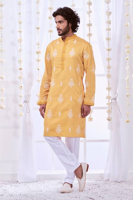 Buy_Taroob_Yellow Silk, Cotton Embroidery Timeless Kurta Set 