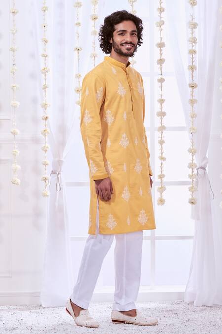 Shop_Taroob_Yellow Silk, Cotton Embroidery Timeless Kurta Set 