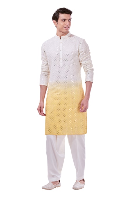 Taroob_Yellow Silk, Cotton Embroidery Ombre Chikankari Kurta Set_Online_at_Aza_Fashions