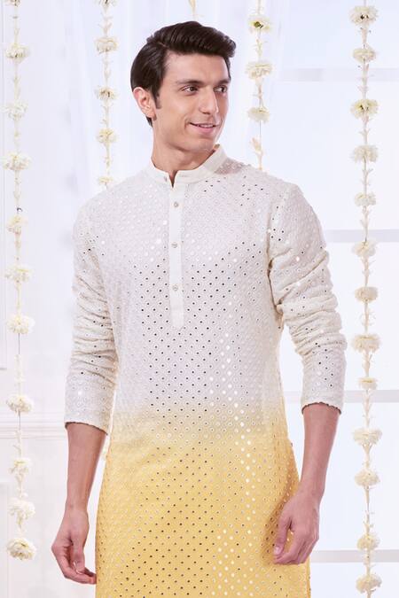 Shop_Taroob_Yellow Silk, Cotton Embroidery Ombre Chikankari Kurta Set_Online_at_Aza_Fashions