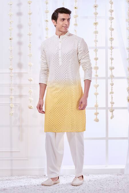 Buy_Taroob_Yellow Silk, Cotton Embroidery Ombre Chikankari Kurta Set