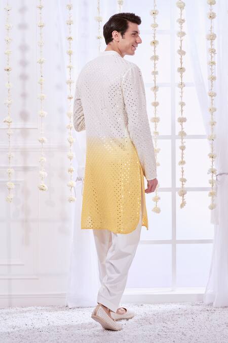 Shop_Taroob_Yellow Silk, Cotton Embroidery Ombre Chikankari Kurta Set