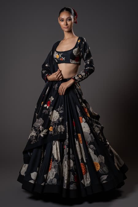 Shop_Rohit Bal_Black Chanderi , Embroidery Square Midnight Bloom Print Lehenga Set _Online_at_Aza_Fashions