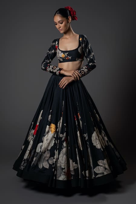 Rohit Bal_Black Chanderi , Embroidery Square Midnight Bloom Print Lehenga Set _at_Aza_Fashions