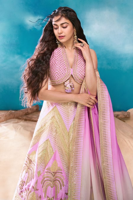 Shop_Masaba_Purple Silk, Organza Embroidery V-neck Anar Phool Patchwork Lehenga Set _at_Aza_Fashions