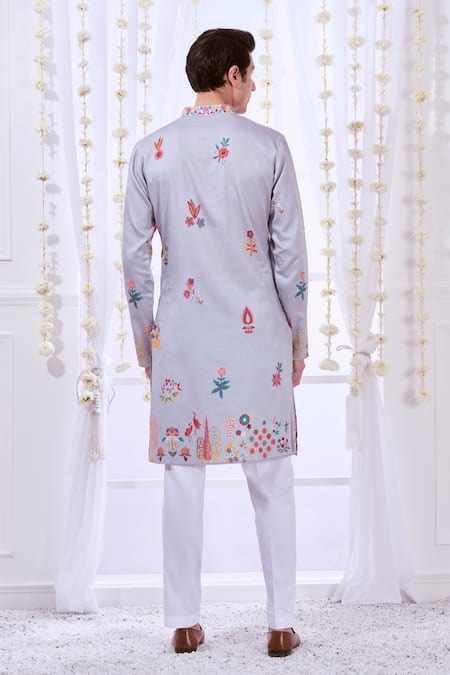 Shop_Taroob_Grey Silk, Cotton Embroidery Nizam Kalamkari Print Kurta Set _at_Aza_Fashions