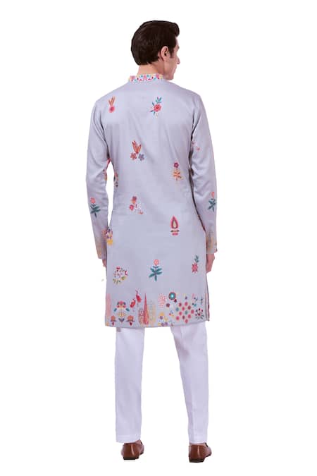 Shop_Taroob_Grey Silk, Cotton Embroidery Nizam Kalamkari Print Kurta Set 