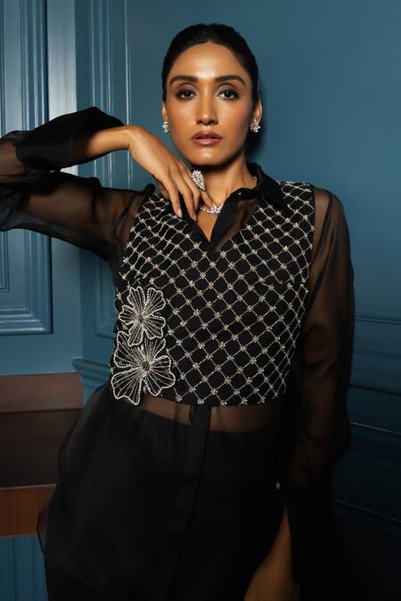 Buy_Charu And Vasundhara_Black Chiffon, Georgette Beads, Sequins Vihana Crystal Embellished Vest Pant Set _Online_at_Aza_Fashions