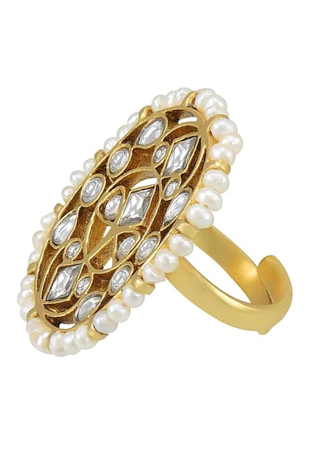 Tribe Amrapali_Gold Plated Pearls, Stones Malaya Lined Ring _Online_at_Aza_Fashions