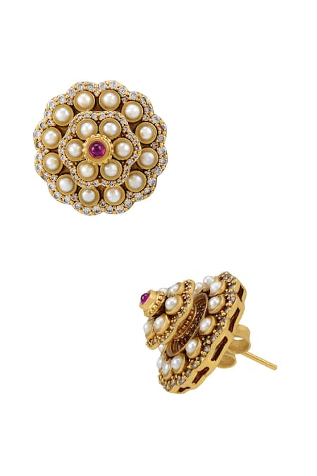 Tribe Amrapali_Gold Plated Stones Gul Floral Cutwork Studs _Online_at_Aza_Fashions
